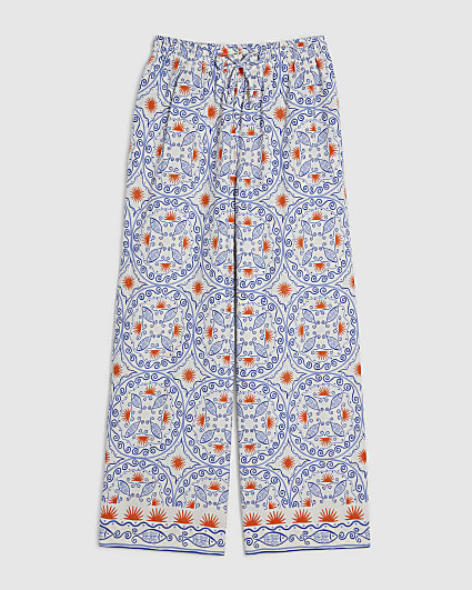 Petite Blue Printed Linen Blend Trousers