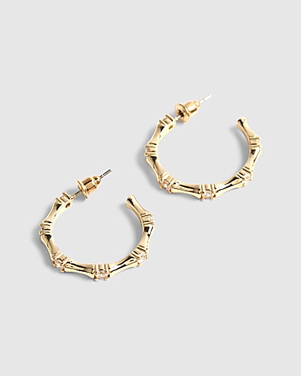 Gold Diamante Bamboo Design Hoop Earrings
