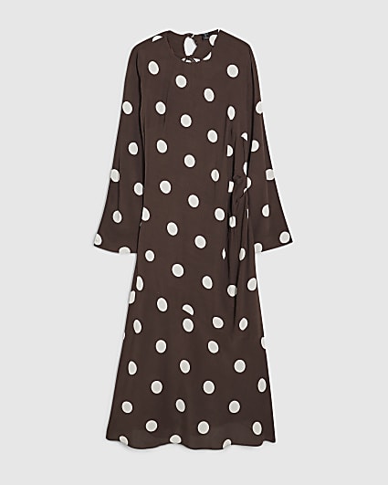 Petite Brown Long Sleeve Spotted Midi Dress