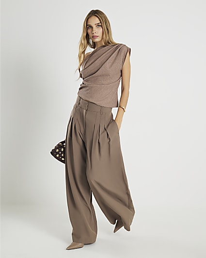 Beige Textured Pleated Off Shoulder Top