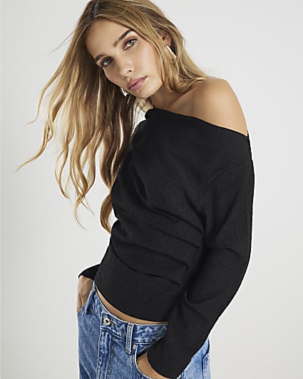 Black Long Sleeve Pleated Off Shoulder Top