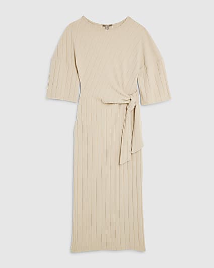 Petite Beige Short Sleeve Ribbed Cosy Dress