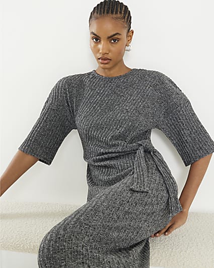 Grey Short Sleeve Ribbed Cosy Midi Dress