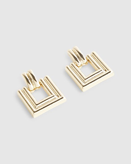 Gold Ridged Square Door Knocker Earrings