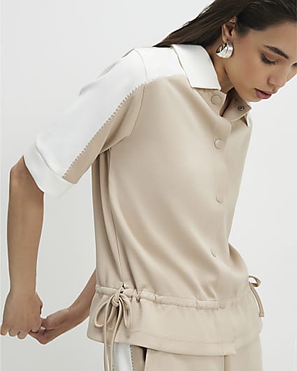 Beige Colour Blocked Polo Shirt