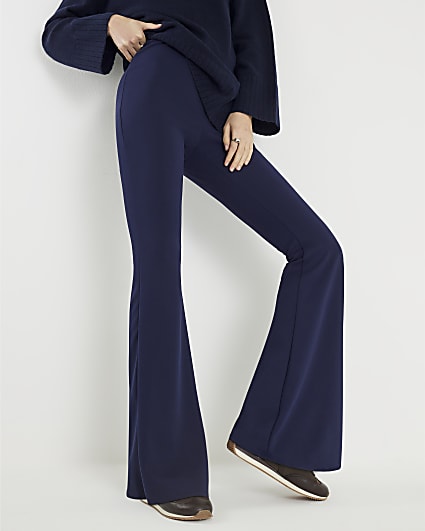 Navy Pull On Flared Trousers