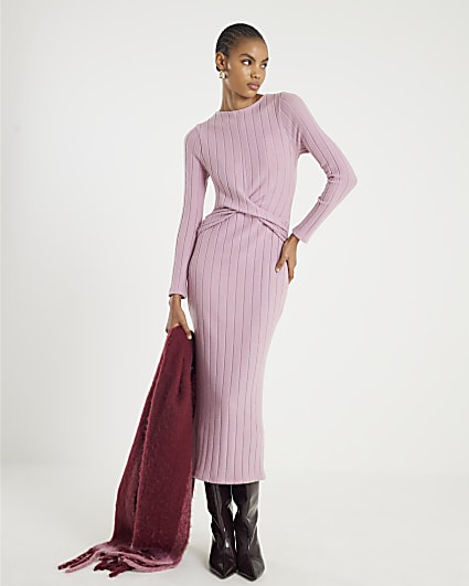 Pink Long Sleeve Cosy Twist Front Midi Dress