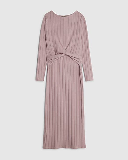 Petite Pink Long Sleeve Cosy Twist Midi Dress
