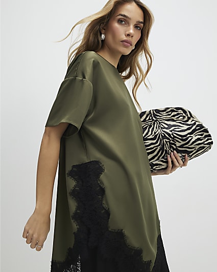Khaki Asymmetric Lace Satin T-shirt