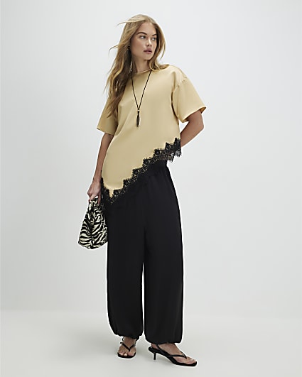 Beige Asymmetric Lace Satin T-Shirt