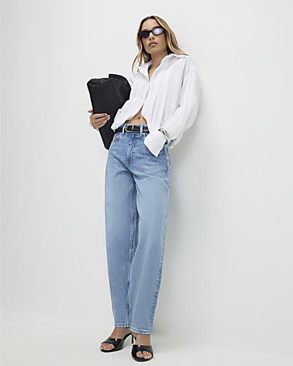 Blue Mid Rise Barrel Leg Jeans