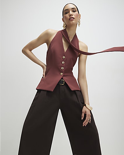 Brown Sleeveless Scarf Neck Waistcoat