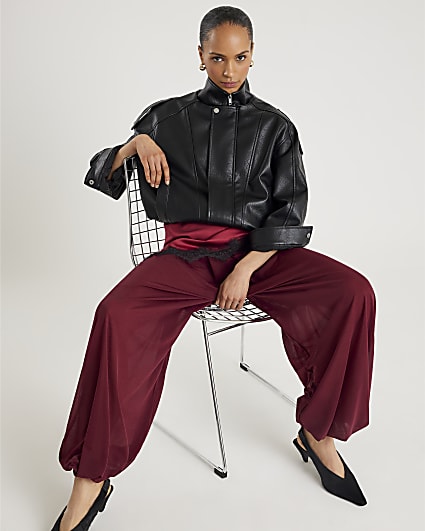 Red Mesh Tie waist Balloon Leg Trousers