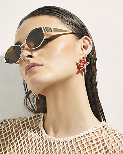 Orange Enamel Starfish Stud Earrings