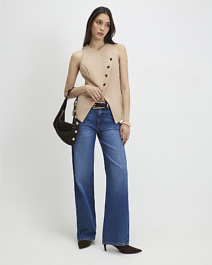 Beige Collarless Asymmetric Waistcoat