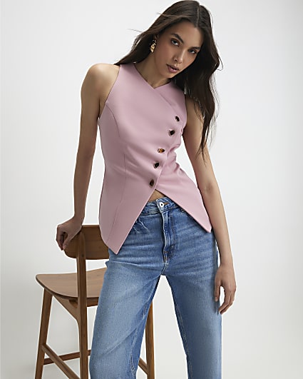 Pink Collarless Asymmetric Waistcoat
