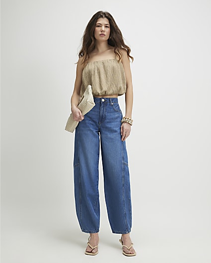 Blue Mid Rise Barrel Leg Jeans