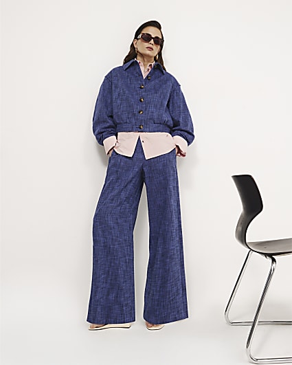Navy Linen Look Wide Leg Trousers