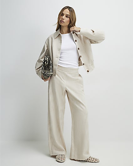 Beige Linen Look Wide Leg Trousers