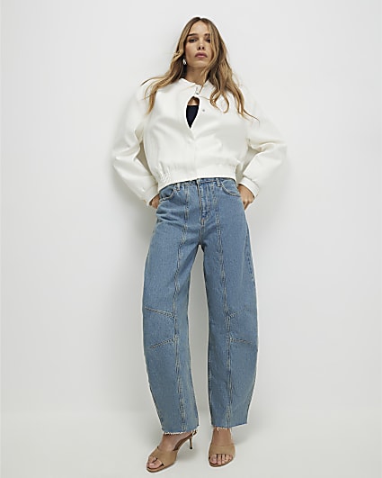 Blue Seamed Raw Hem Barrel Leg Jeans