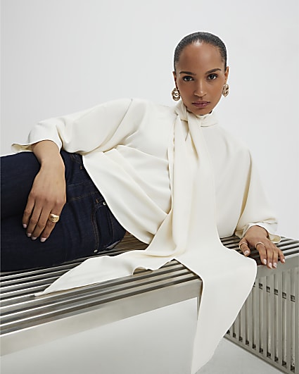 Cream Batwing Sleeve Pussybow Blouse