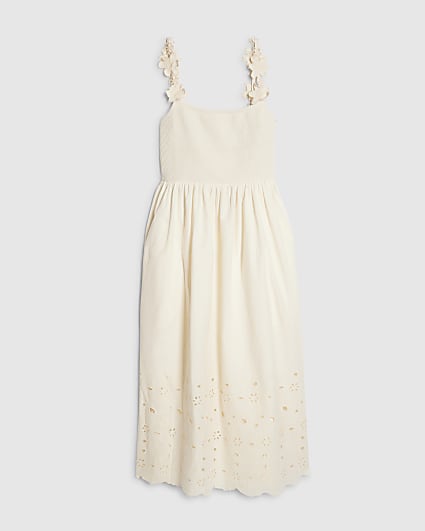 Petite Cream Poplin Broderie Hem Midi Dress