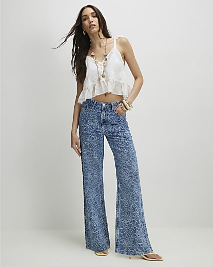 Blue Floral Print Relaxed Straight Jeans