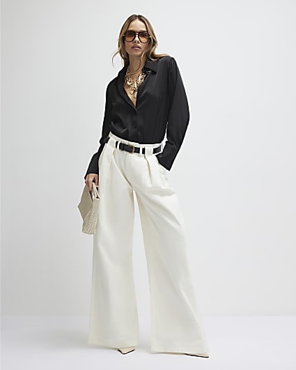 Cream Belted Pleated Wide Leg Jeans
