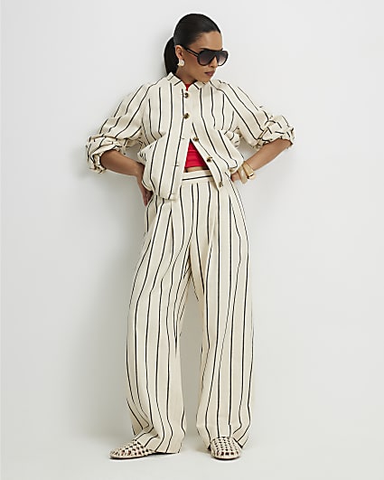 Petite Cream Stripe Wide Leg Trousers