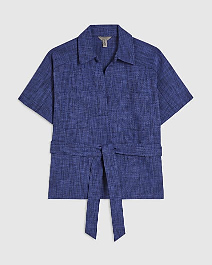 Petite Navy Cotton Collared Belted Top