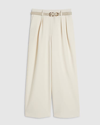 Petite Cream Belted Wide Leg Trousers