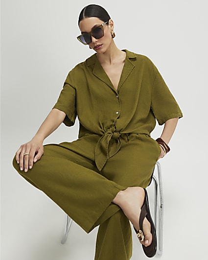 Khaki Linen Blend Short Sleeve Shirt