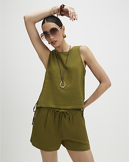 Khaki Linen Blend Shorts