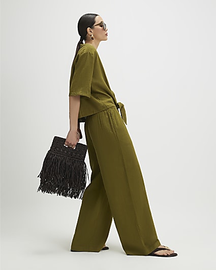 Khaki Linen Blend Wide Leg Trousers