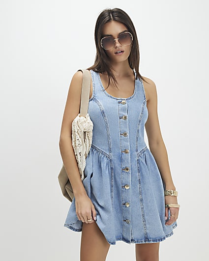 Blue Denim Button Front Mini Dress
