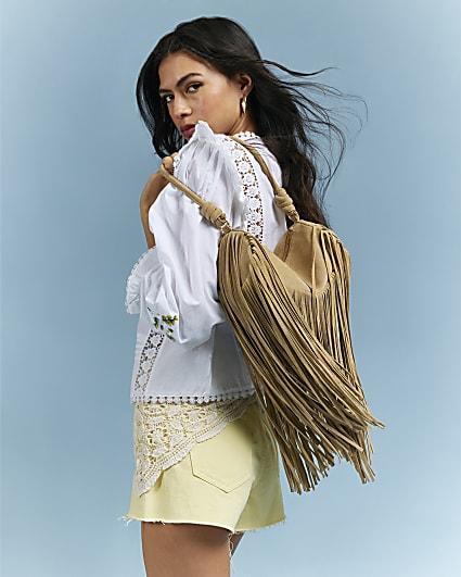 Beige Mega Fringe Suede Cylinder Bag