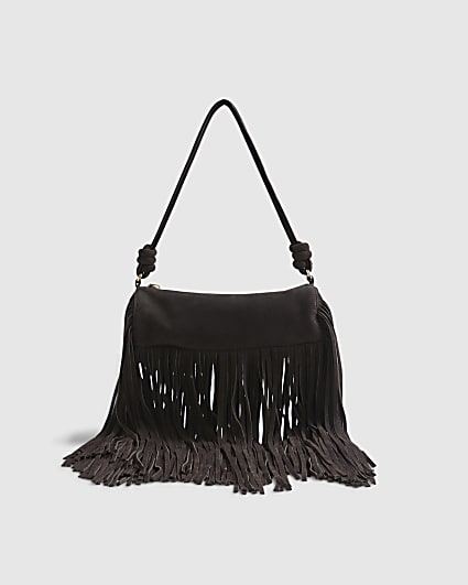 Brown Suede Mega Fringe Cylinder Bag