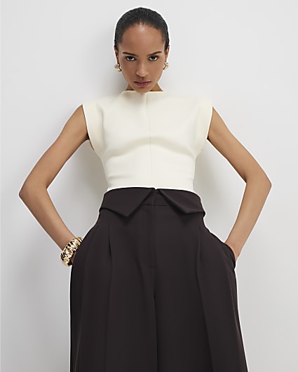 Cream Fitted Knit Sleeveless Top