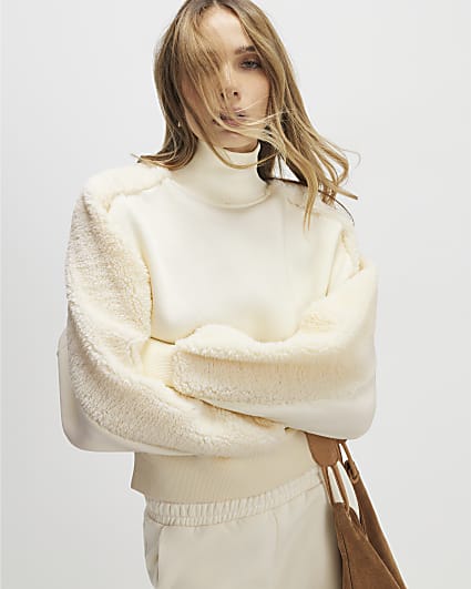 Cream Long Sleeve Borg Detail Sweatshirt