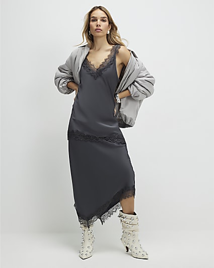 Grey Lace Trim Satin Midi Skirt