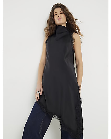 Black Satin Longline Lace Trim Top