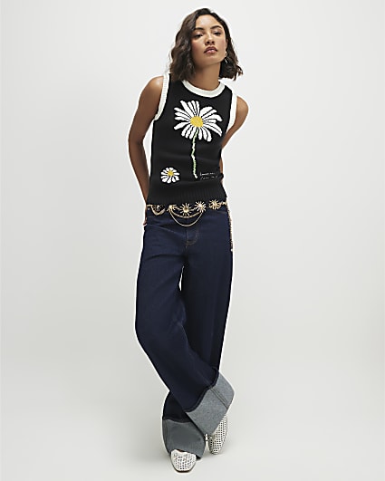 Black Knitted Daisy Sleeveless Jumper