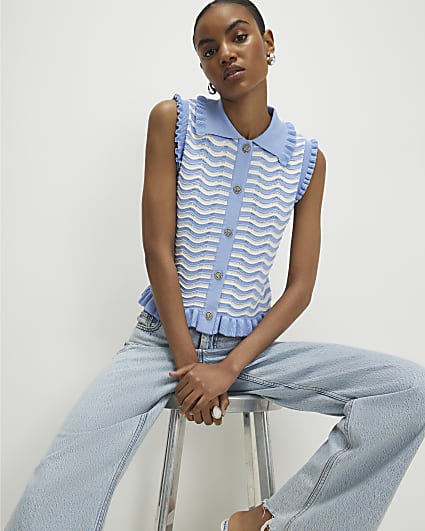 Blue Striped Knit Collared Tank Top