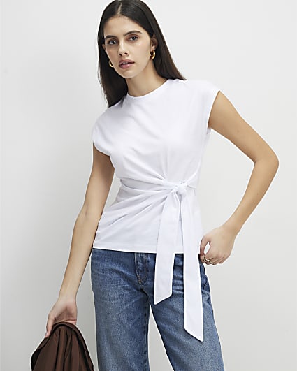 White Short Sleeve Tie Side T-shirt