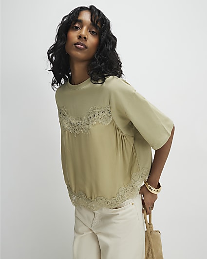 Green Short Sleeve Lace Detail T-shirt