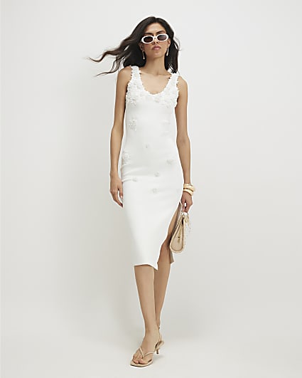 White Knitted Embroidered Flower Midi Dress