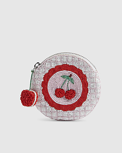 Pink Beaded Cherry Circle Purse