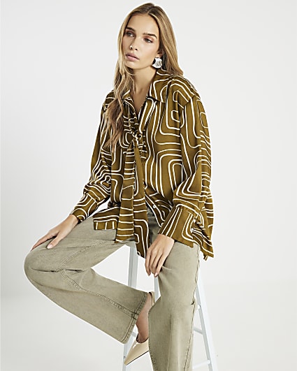 Green Satin Long Sleeve Abstract Print Shirt