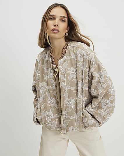 Beige Floral Embroidered Bomber Jacket