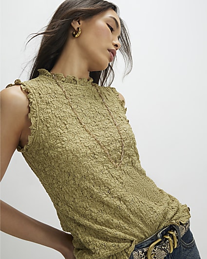 Khaki Sleeveless Lettuce Trim Textured Top